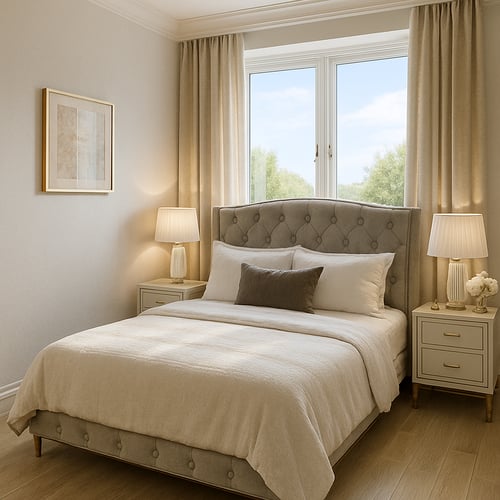 Elegant bedroom with a tufted bed positioned under a large window framed by full-length curtains - a stylish example of placing a bed under window in a modern setting.
