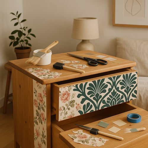 Upcycled bedside table being transformed with floral and damask-style decoupage, paint samples and brushes – a charming DIY idea for refreshing old furniture.