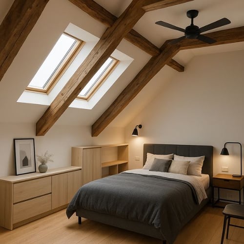 Minimalist loft bedroom with skylights and dark grey bedding