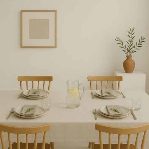 Minimalist dining table with lemon water, rosemary sprigs, and soft neutral tones