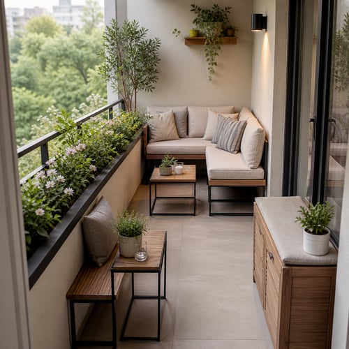 Narrow balcony with corner sofa, small tables, storage bench and greenery, illustrating how to furnish a balcony to maximise space.