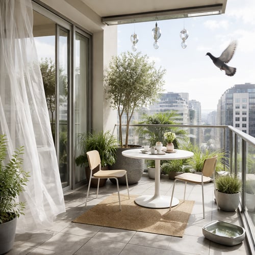 How to keep pigeons off balcony – clean modern balcony with plants and seating, showing a tidy space designed to discourage pigeons.