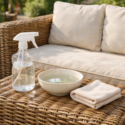 Spray bottle, bowl with water and soft cloth placed on a wicker coffee table next to a beige rattan sofa, showing a gentle cleaning setup – how to clean rattan furniture.