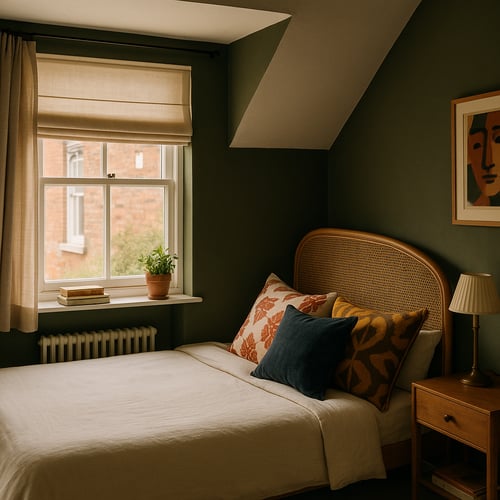 Cosy attic bedroom with a bed under window, featuring a curved cane headboard and colourful cushions - ideal inspiration for compact spaces with character.