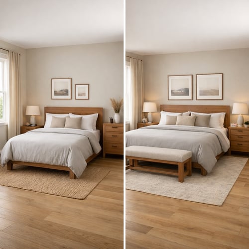 Side-by-side view of two modern UK bedrooms with wooden bed frames, highlighting different bed sizes and frame proportions – helpful reference for how to measure a bed before choosing the right size.