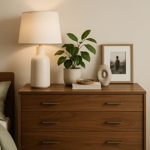 Wooden chest of drawers with metal handles, topped with a lamp, plant, and decor in a cozy bedroom