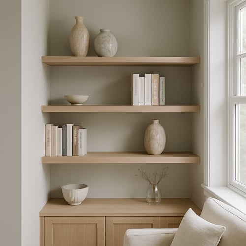 Three light wood corner shelves mounted above a cabinet and styled with neutral-toned books and textured vases — clean and calming corner shelf ideas perfect for a reading nook.