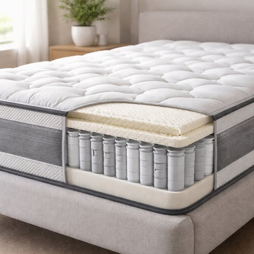 Close-up cross-section of a hybrid mattress with pocket springs and memory foam layers – best mattress for back pain support and comfort.