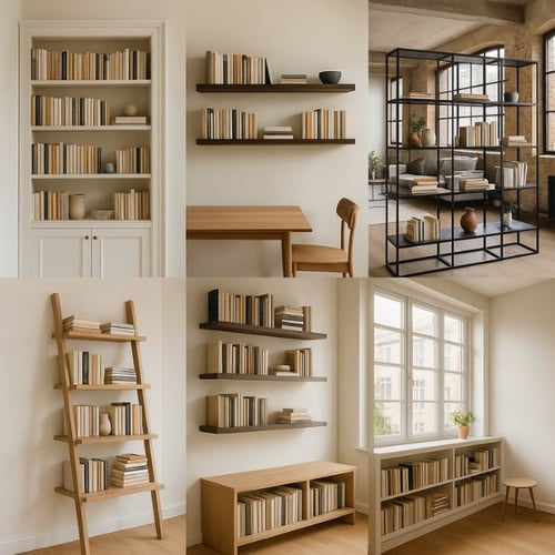 Modern bookshelf ideas in various styles, including ladder shelves, floating shelves, and open-frame units