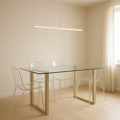 Modern small dining room idea with a glass table and clear acrylic chairs