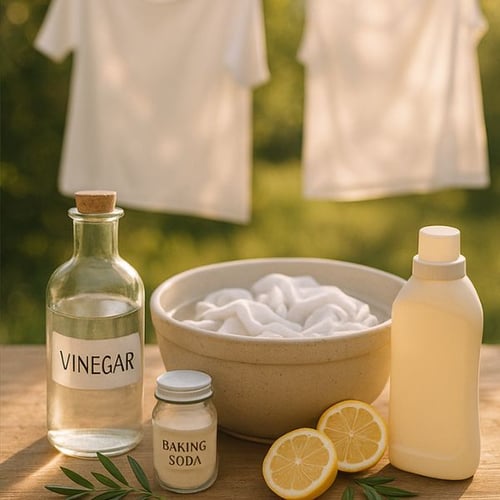 Natural cleaning ingredients like vinegar, baking soda, lemon, and detergent with white clothes