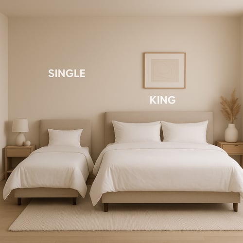 Minimalist bedroom with two neutral beds – single and king size – showcasing a DIY bed frame comparison in a calm, beige interior.