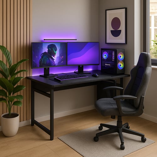 Modern gaming desk idea for small spaces featuring dual monitors, RGB lighting, black desk and ergonomic chair in a sleek compact setup.