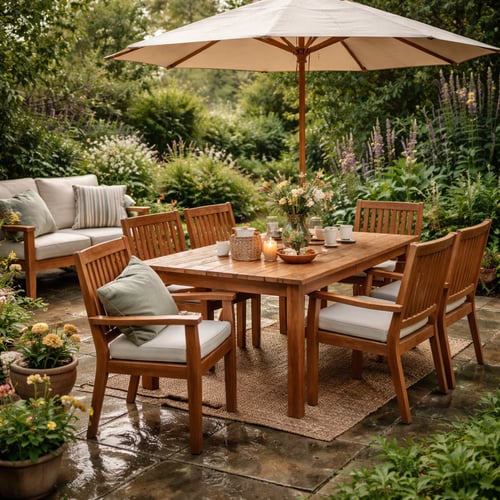 Teak wooden garden dining set for six with cream cushions, placed under a large parasol in a lush, blooming garden – a classic example of the best garden furniture for UK weather, combining beauty and resilience.