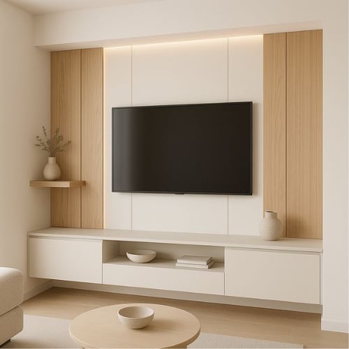 Minimalist media wall idea with light wood accents, floating cabinet, and soft backlighting surrounding a wall-mounted TV