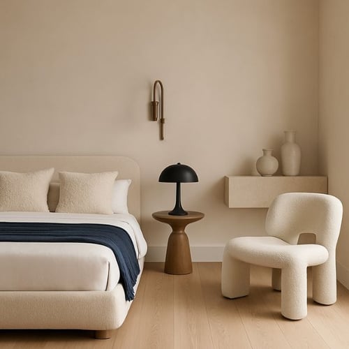 Modern beige bedroom with boucle chair and black lamp