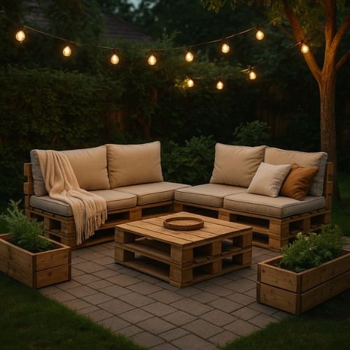 Evening Pallet Garden Furniture Setup with Lighting