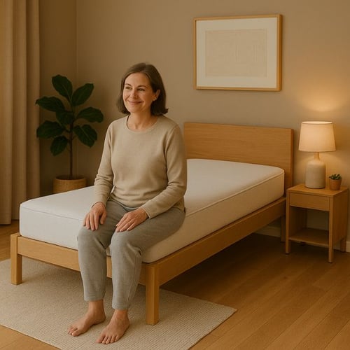 Woman sitting on supportive mattress for back pain relief