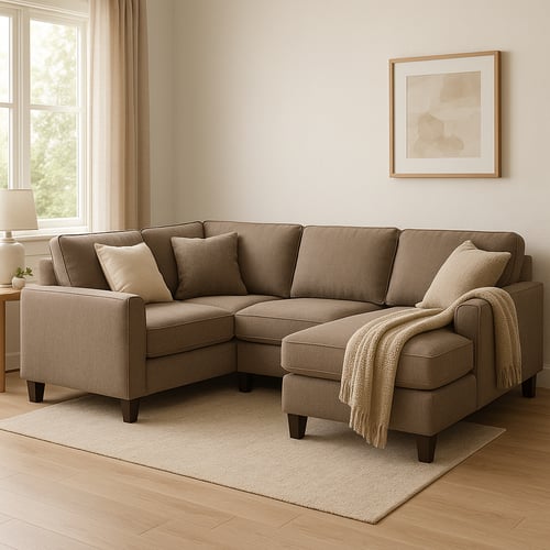 Brązowa narożna sofa z poduszkami i kocem, ustawiona przy oknie w klasycznym wnętrzu z jasnym dywanem – klasyczna i wygodna best corner sofa do codziennego relaksu.