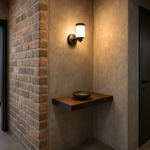Simple floating corner shelf in a concrete alcove with a single ceramic bowl beneath a soft wall light — minimalist and space-saving inspiration for subtle corner shelf ideas.