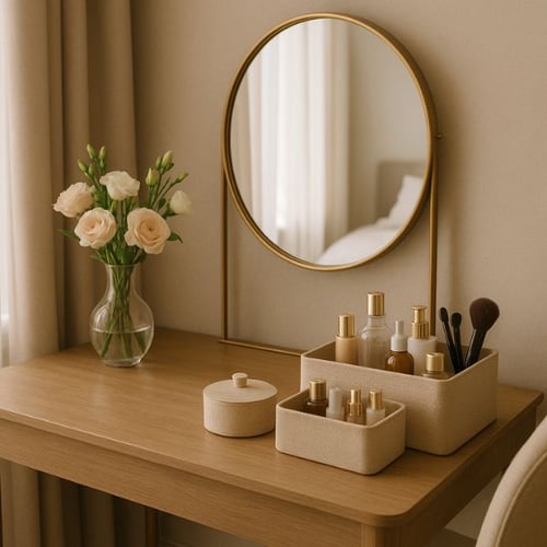 Elegant dressing table with mirror and makeup organizers