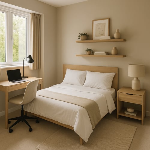 Cosy neutral-toned bedroom with a desk placed by the window, a comfortable office chair and a laptop – practical inspiration for functional bedroom layout ideas with desk.