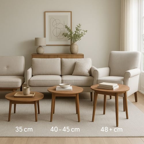 Coffee tables of varying heights shown in comparison to dining table height