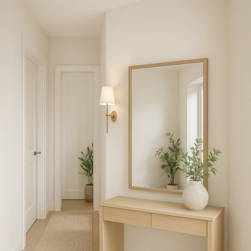 Large square hallway mirror with a light wood frame above a matching console table and ceramic vase — a bright and natural example of hallway mirror ideas that bring light and balance to narrow spaces.
