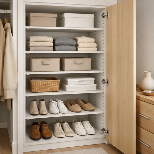 Open white wardrobe for small rooms, neatly organised with folded clothes, storage boxes and pairs of shoes on shelves.