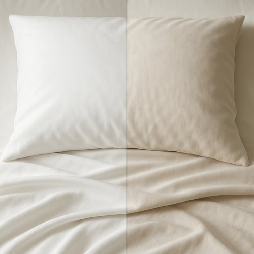 Close-up comparison of a white pillow and sheet split into clean and discoloured halves, visually showing why it matters how often you should change your sheets to maintain freshness and prevent build-up of dirt.
