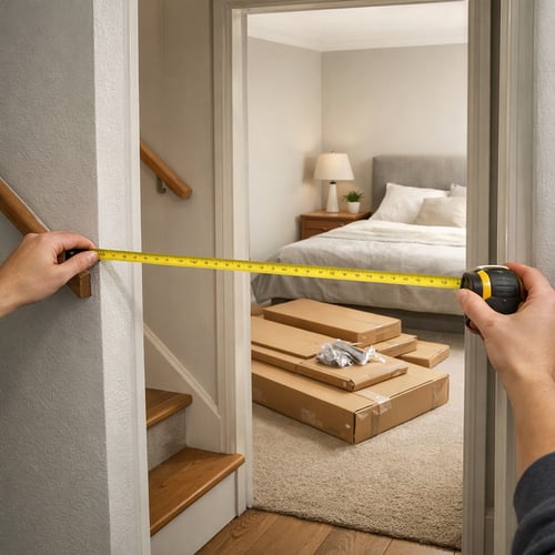 Hands using a tape measure to check doorway width with flat-pack boxes and a bed visible in the background – how to measure for a wardrobe to ensure it fits through doorways.
