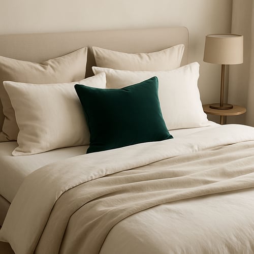 A neatly dressed bed styled in neutral beige tones with a plush green velvet cushion in the centre, demonstrating how to dress a bed with layered pillows and soft bedding for a calm, contemporary bedroom look.