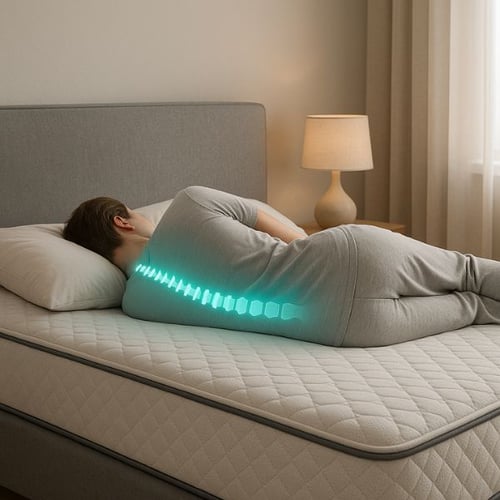 Person sleeping on side with aligned spine on back pain-friendly mattress