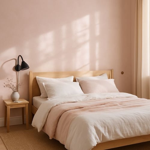 Minimalist pink and white bedroom with wooden bed