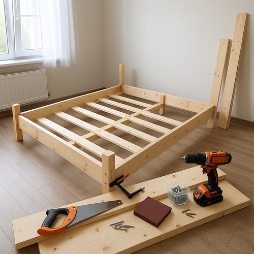 Unfinished DIY bed frame made of light wood, partially assembled in a bright room with tools and materials like a saw, drill and screws placed nearby.