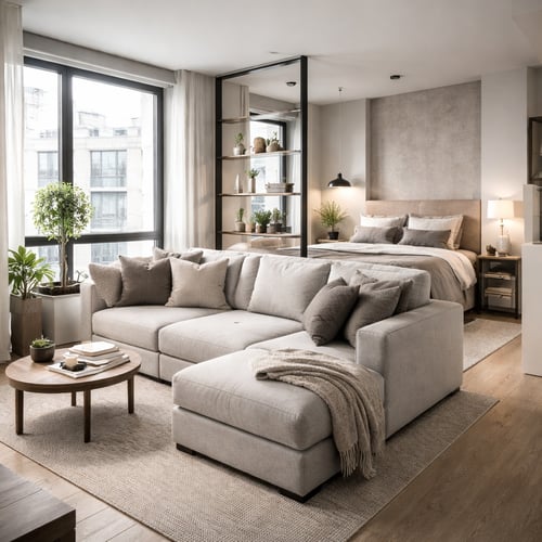 Modern beige corner sofa for small rooms placed in an open-plan studio apartment, positioned near a bed and surrounded by plants and neutral-toned furnishings.