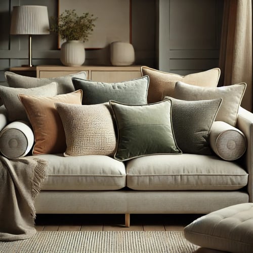 Elegant beige sofa with a stylish arrangement of decorative cushions in earthy tones, including green, beige, and brown, set in a cozy and modern living room with soft lighting and minimalist decor.