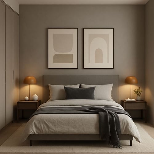 Contemporary grey bedroom with beige bedding, black throw, and abstract framed wall art