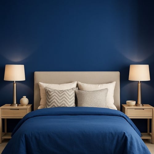 Royal Blue Bedroom with Beige Headboard and Modern Lamps