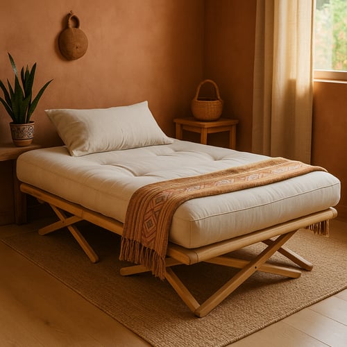 Folded-out futon bed with a wooden base and cream mattress, dressed with a soft throw in a warm-toned room, clearly showing what a futon is.