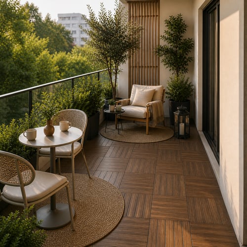 Stylish balcony with round table, woven chairs, plants and cosy armchair on wooden decking, showing how to furnish a balcony for relaxing.