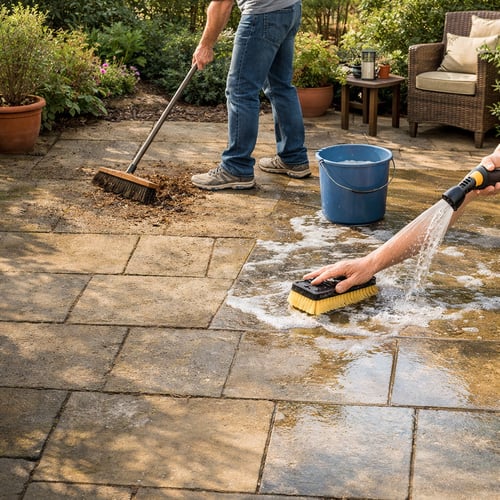 How to clean patio slabs – cleaning paving slabs with a brush, water and detergent in a garden, removing dirt and leaves step by step.
