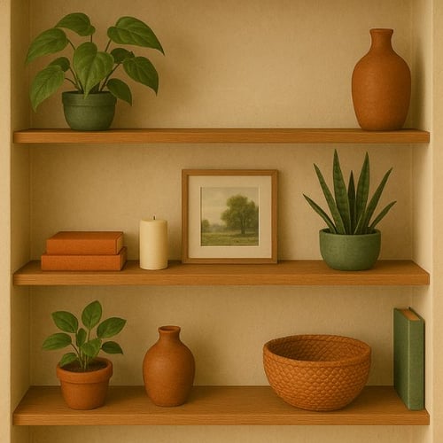 Decorative bookshelf with terracotta pots, greenery, books, and framed art in earthy tones