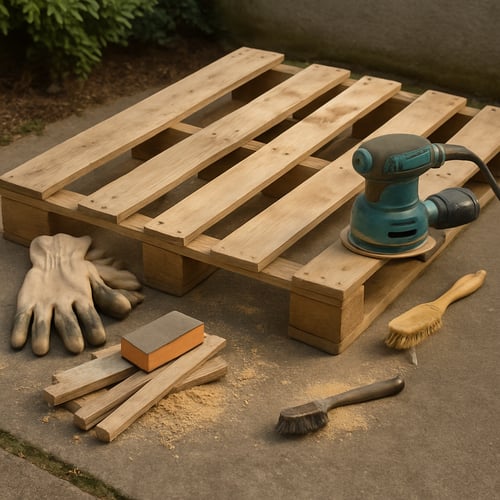 Wooden pallet being prepared for a garden project, surrounded by sanding tools, gloves and brushes – the first step in DIY pallet garden ideas for outdoor spaces.