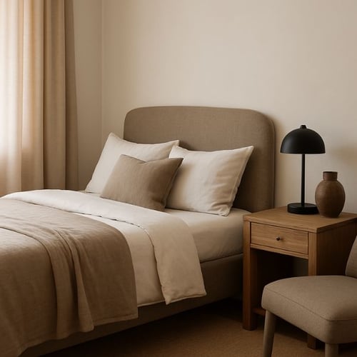 Small neutral bedroom with beige bedding