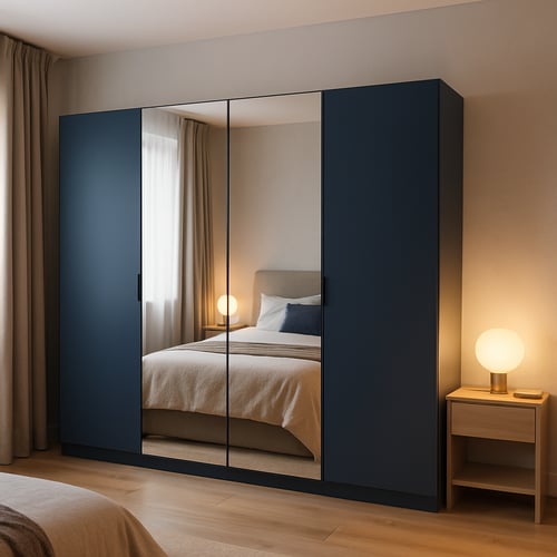 Contemporary mirrored wardrobe with dark blue frame and triple mirrored doors, placed in a soft-lit bedroom with neutral tones – sleek and functional furniture for modern homes.