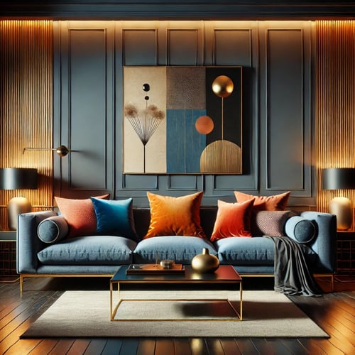 Modern three-seater sofa in a stylish living room with decorative pillows in bold colors, featuring contemporary artwork and a sleek coffee table.