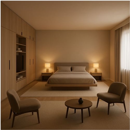 Spacious bedroom with neutral tones, platform bed, two accent chairs, and built-in wooden storage wall