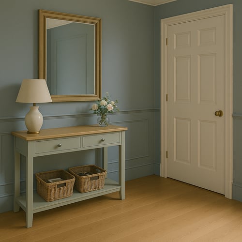Traditional hallway design idea with soft blue walls, a wooden console table, wicker baskets, a table lamp and a gold-framed mirror adding classic charm.