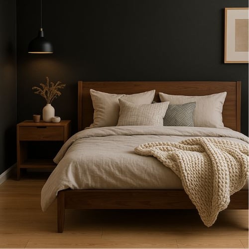 Modern black bedroom with wooden bed frame